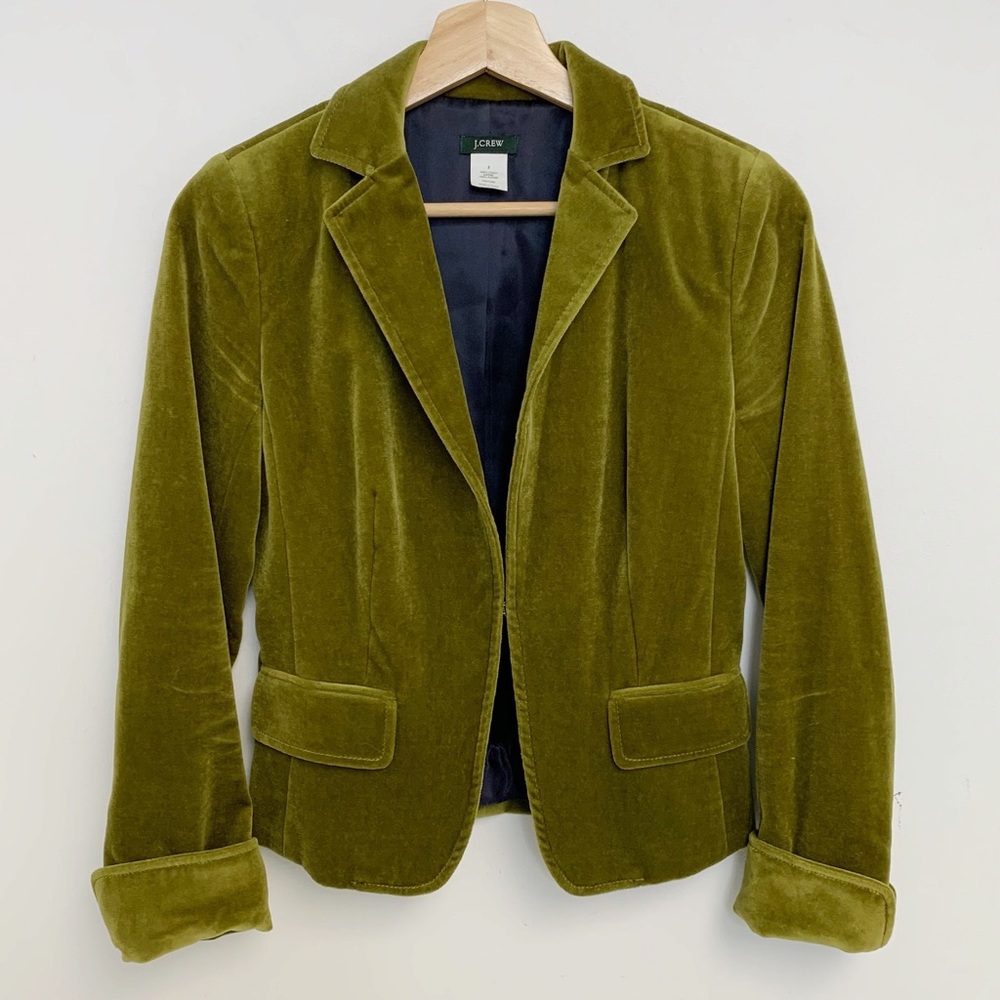 J. Crew Olive Green Velvet Ecole Hook Close Blazer jacket Sz 2